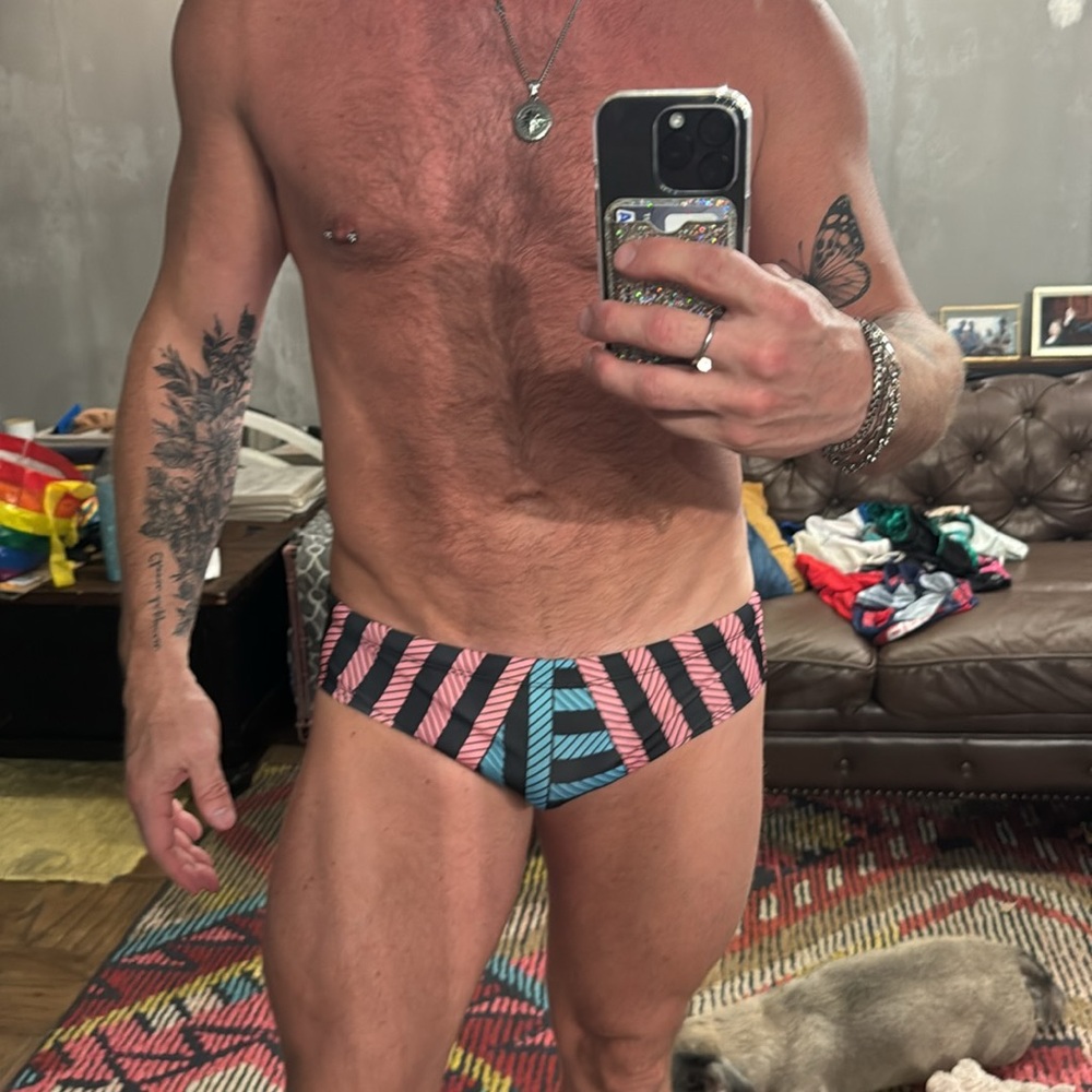 Bubblegum brand pink and blue stripe men’s speedo